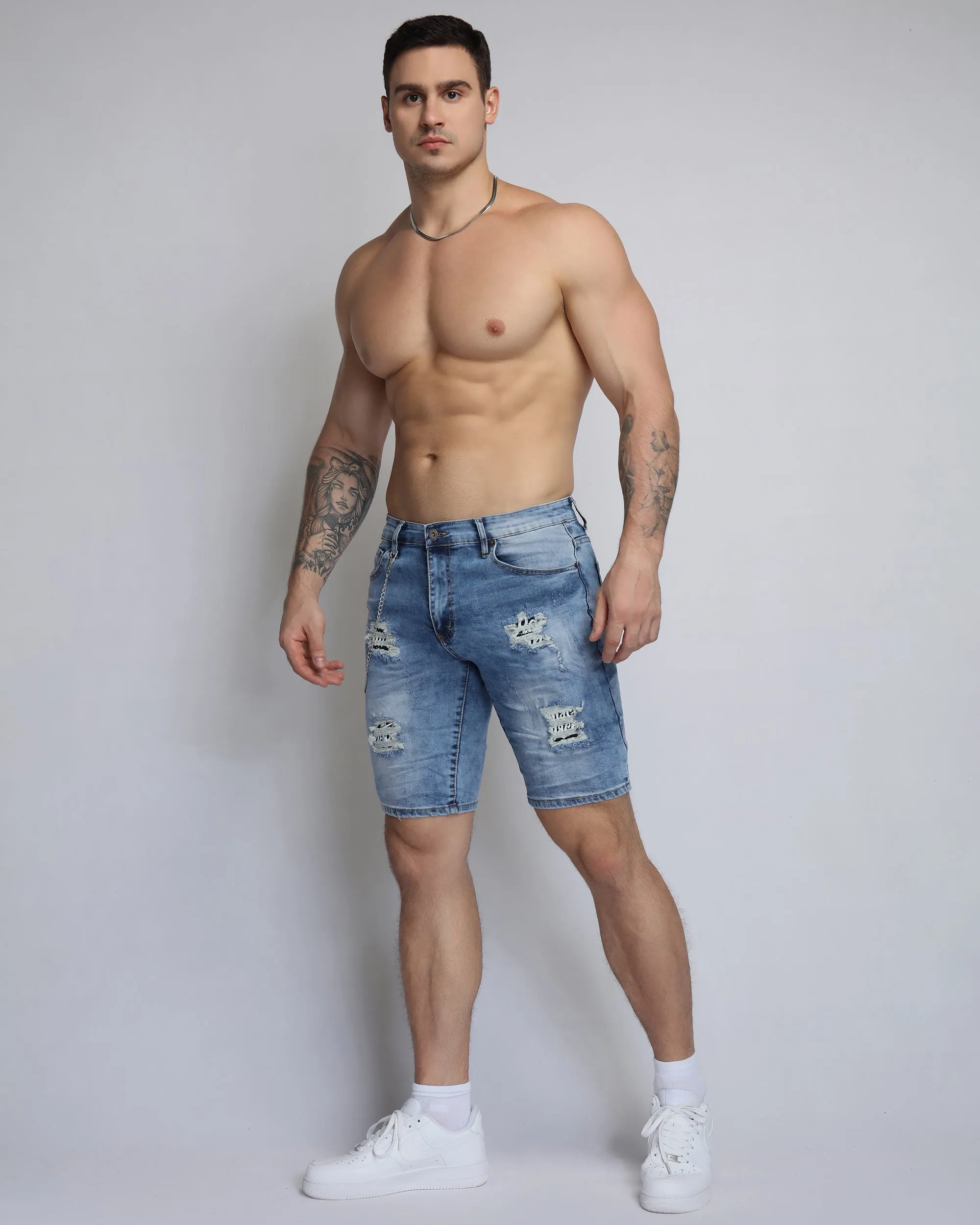 Summer Blue Denim Shorts with Large Ripped-Mexico Local Delivery