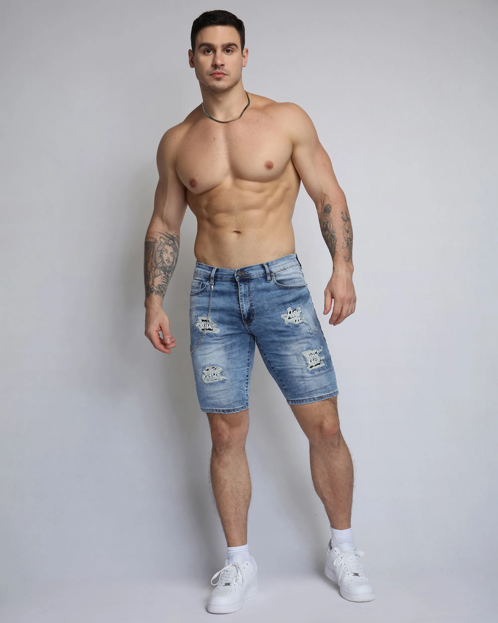 Summer Blue Denim Shorts with Large Ripped-Mexico Local Delivery
