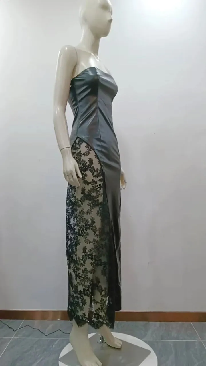 Trend4us Strapless Faux Leather Lace Panel Evening Dress