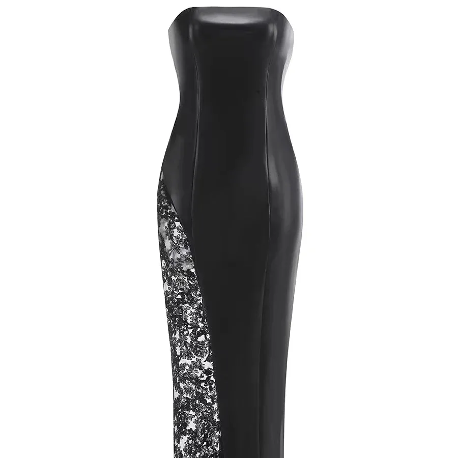 Trend4us Strapless Faux Leather Lace Panel Evening Dress