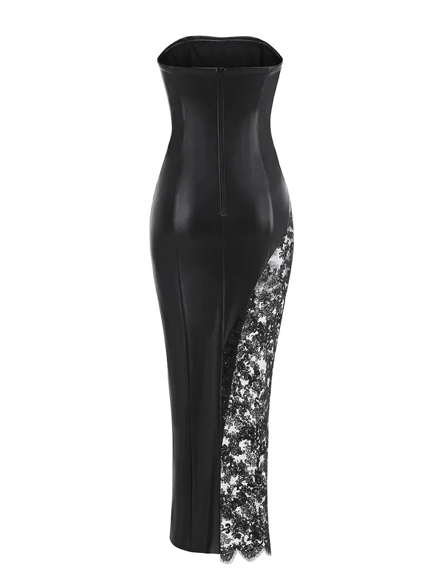 Trend4us Strapless Faux Leather Lace Panel Evening Dress