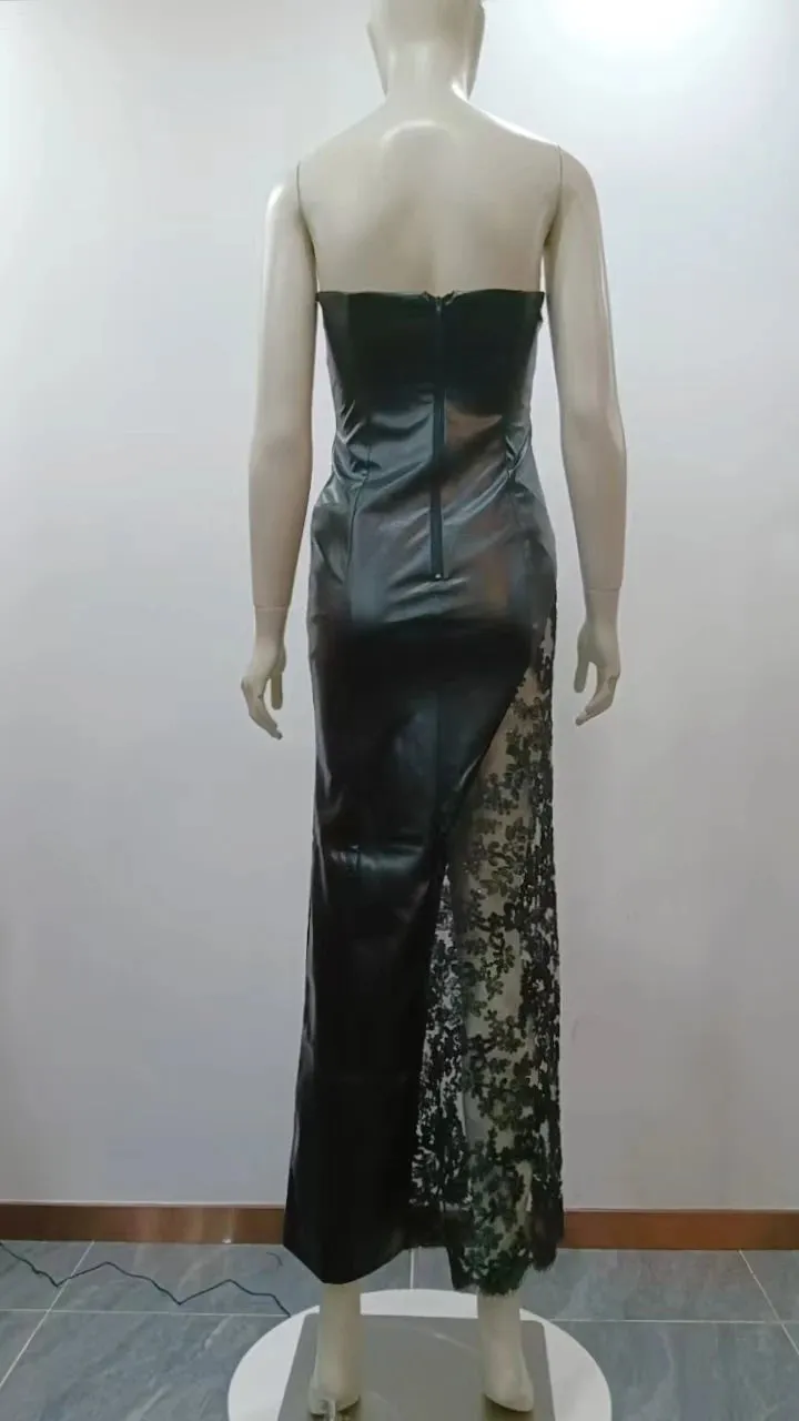 Trend4us Strapless Faux Leather Lace Panel Evening Dress