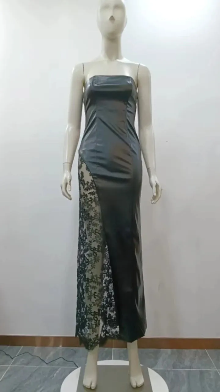 Trend4us Strapless Faux Leather Lace Panel Evening Dress