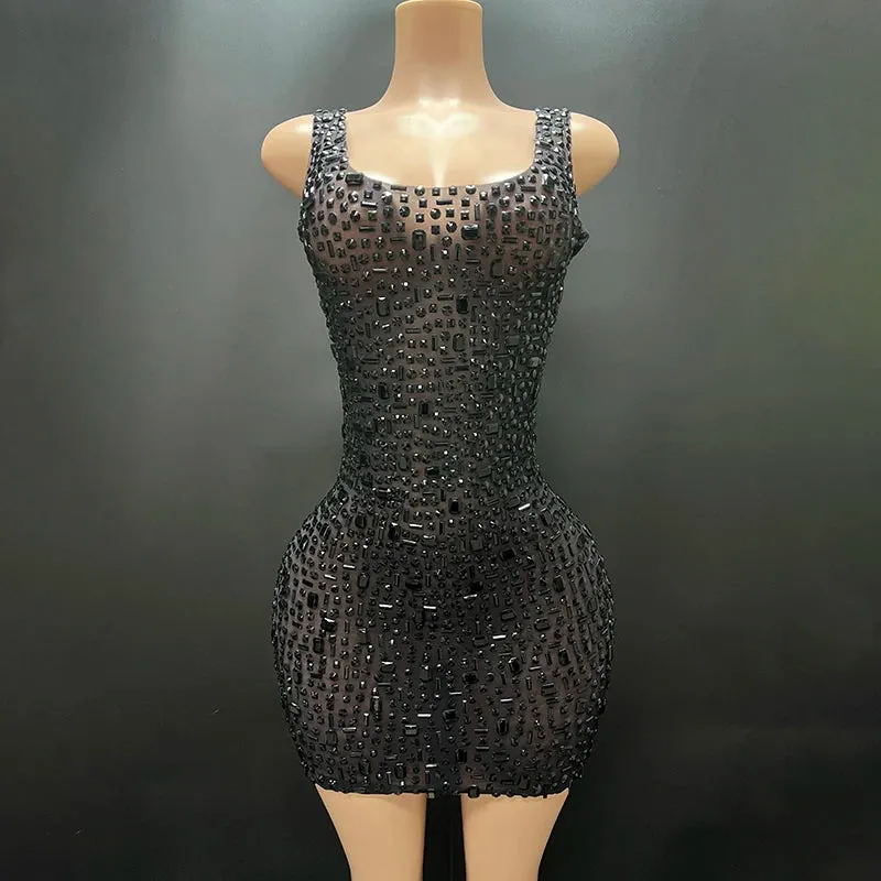 Trend4us Women's Crystal Mesh Cocktail Mini Dress