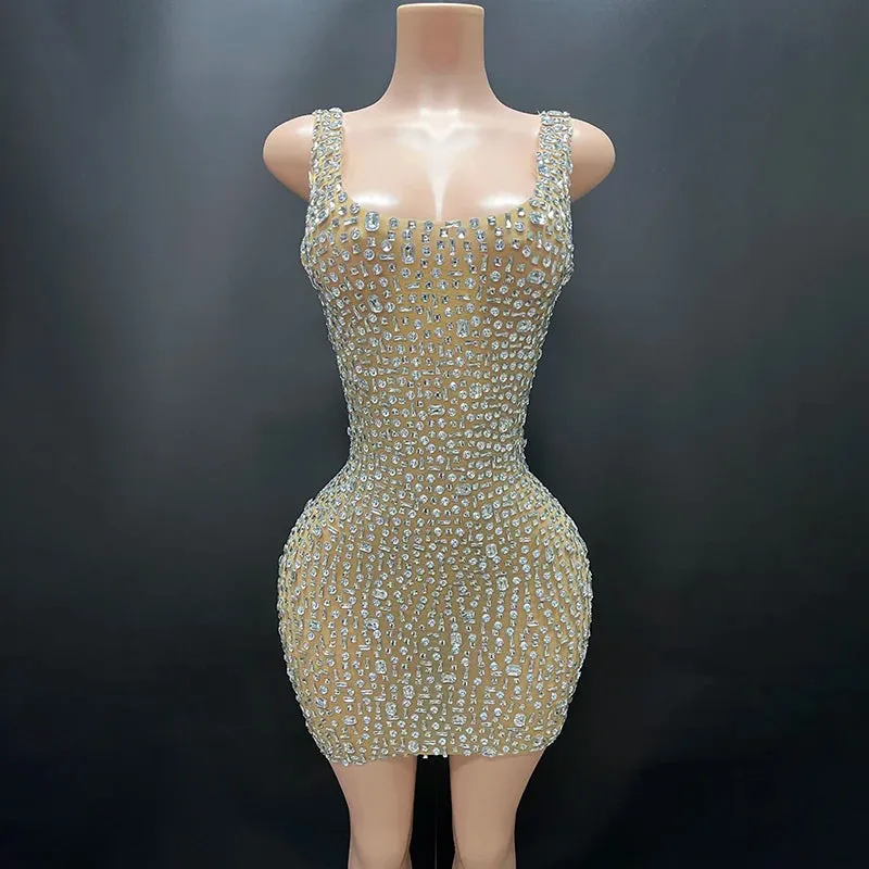Trend4us Women's Crystal Mesh Cocktail Mini Dress