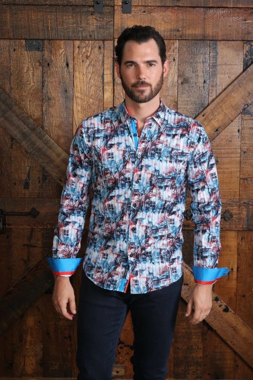 Turquoise Scenery Print Button Down Shirt W/ Trim
