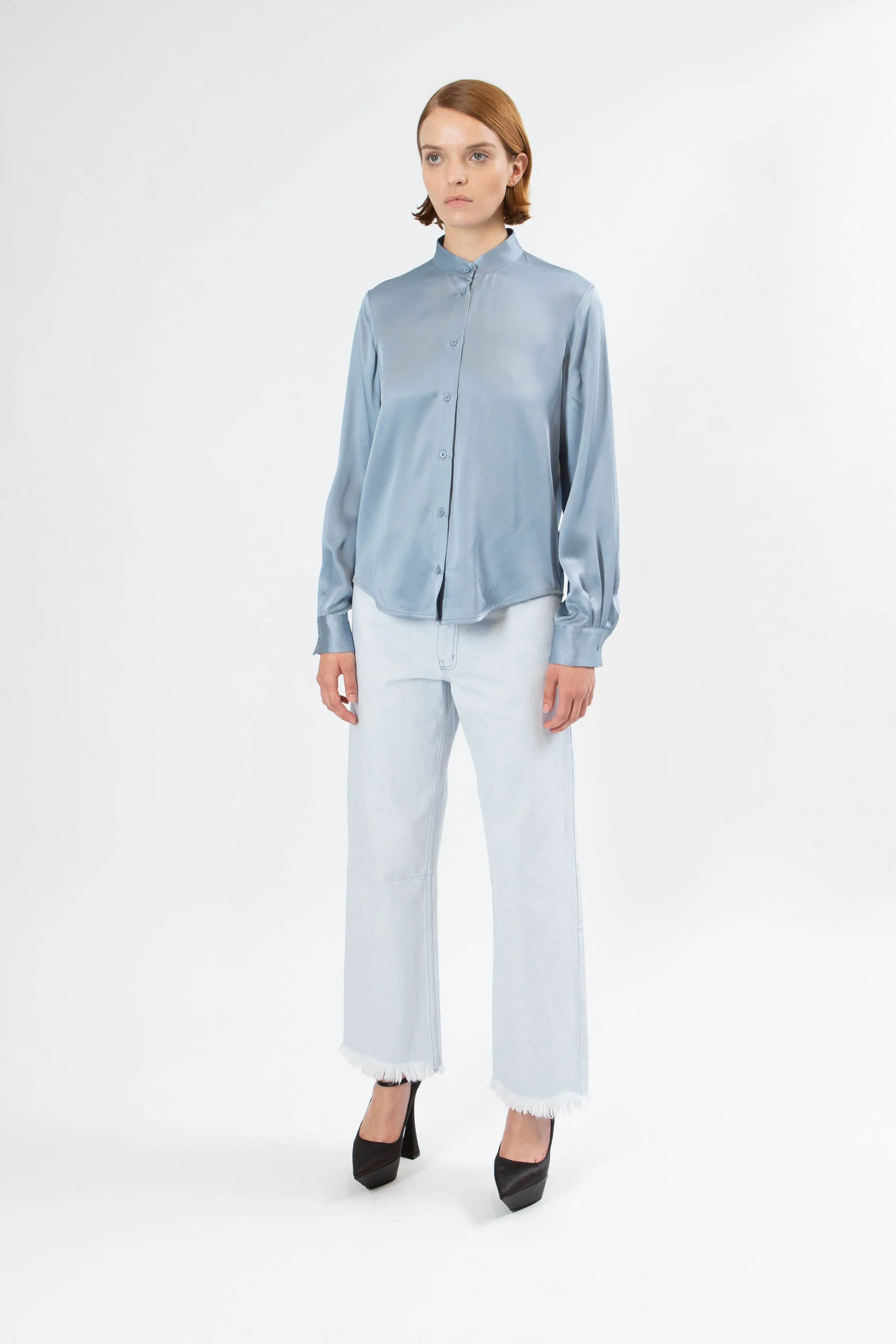 TWIST BACK BUTTON FRONT SHIRT | DUSTY BLUE