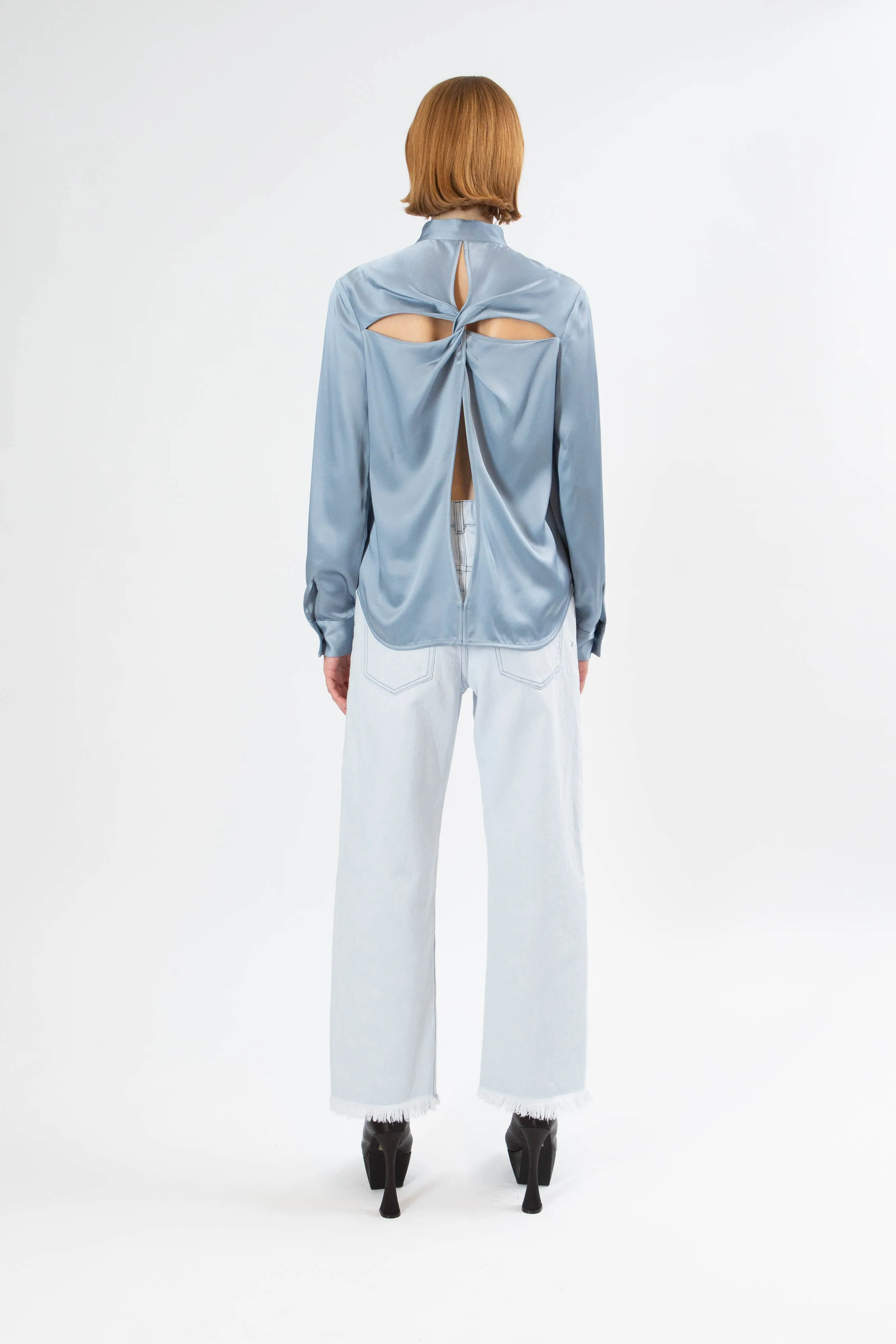 TWIST BACK BUTTON FRONT SHIRT | DUSTY BLUE