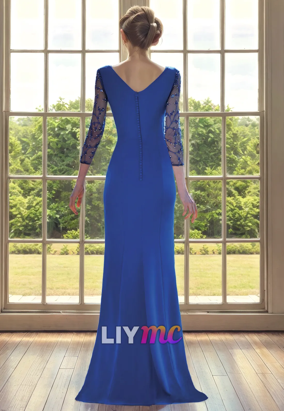 V-Neck Long Lace Appliques Sleeves Ruched Sheath Long Mother of Bride Dress Cocktail Dress
