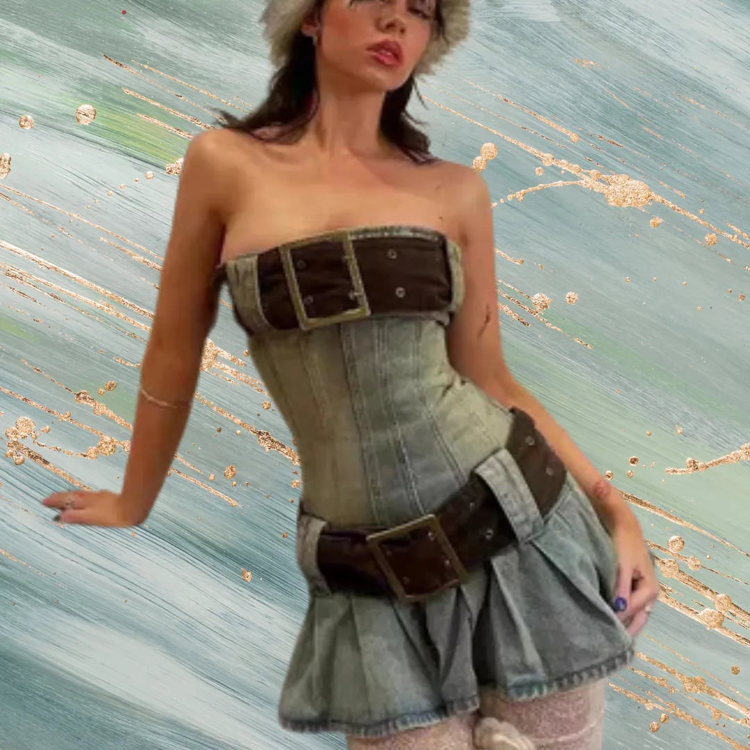 Vintage Denim Belted Bandeau Pleated Mini Dress