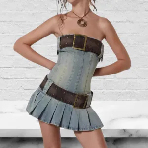 Vintage Denim Belted Bandeau Pleated Mini Dress