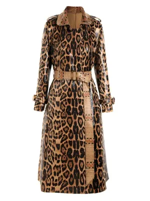 Wenkouban-Winter outfits Christmas Brown Leopard Printed Long Belt PU Leather Style Trench Coat