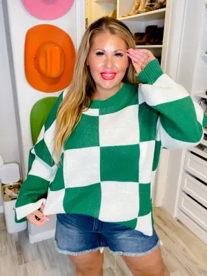 White & Green Checkered Pattern Pullover Sweater