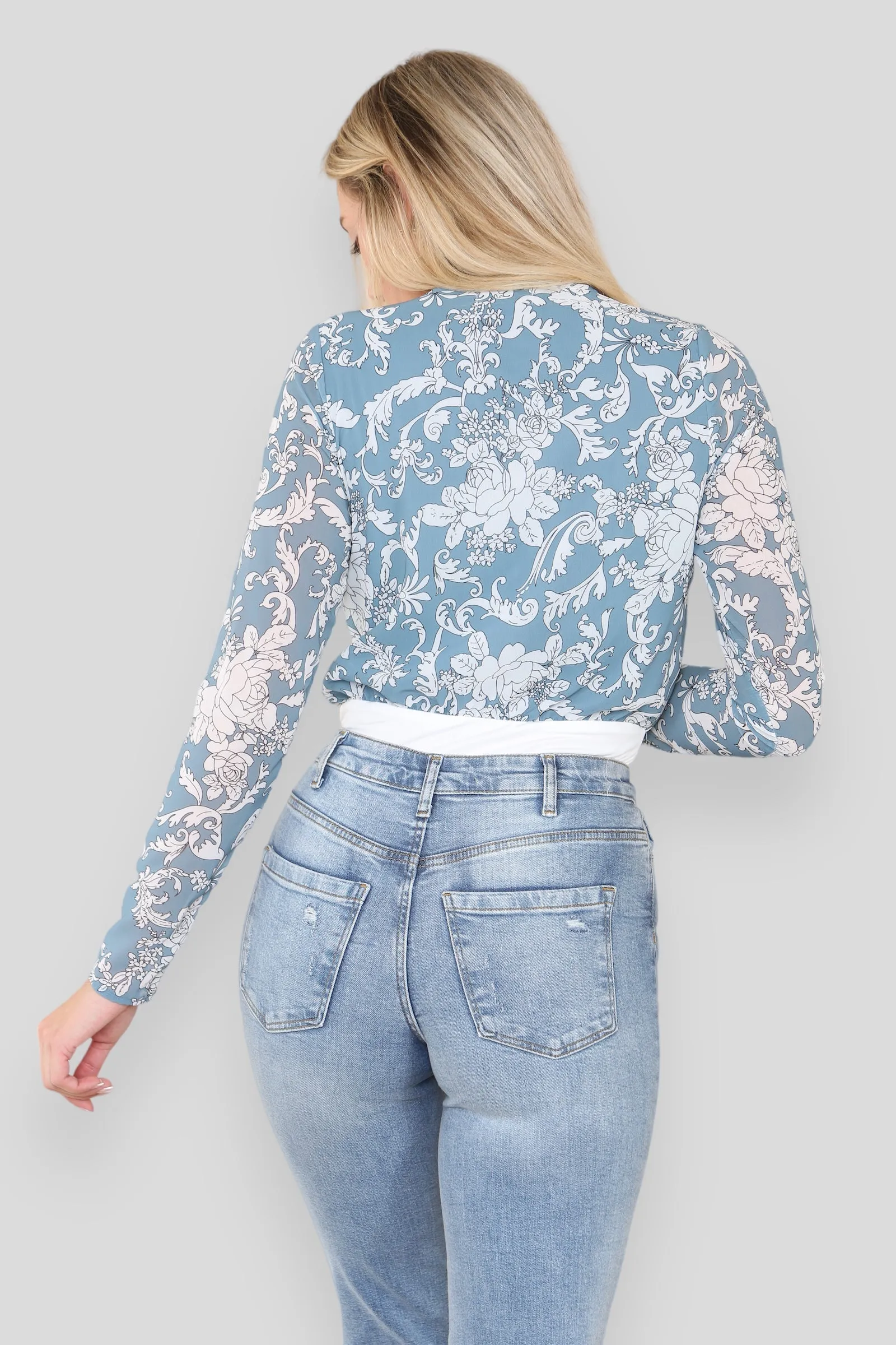 Women's Floral Wrap Bodysuit with Ruffle Plunge Neck and Slim Fit Sleeves - Elegant Leotard Top Blouse for Party, Home, Office, Vacation, Cocktail, Club