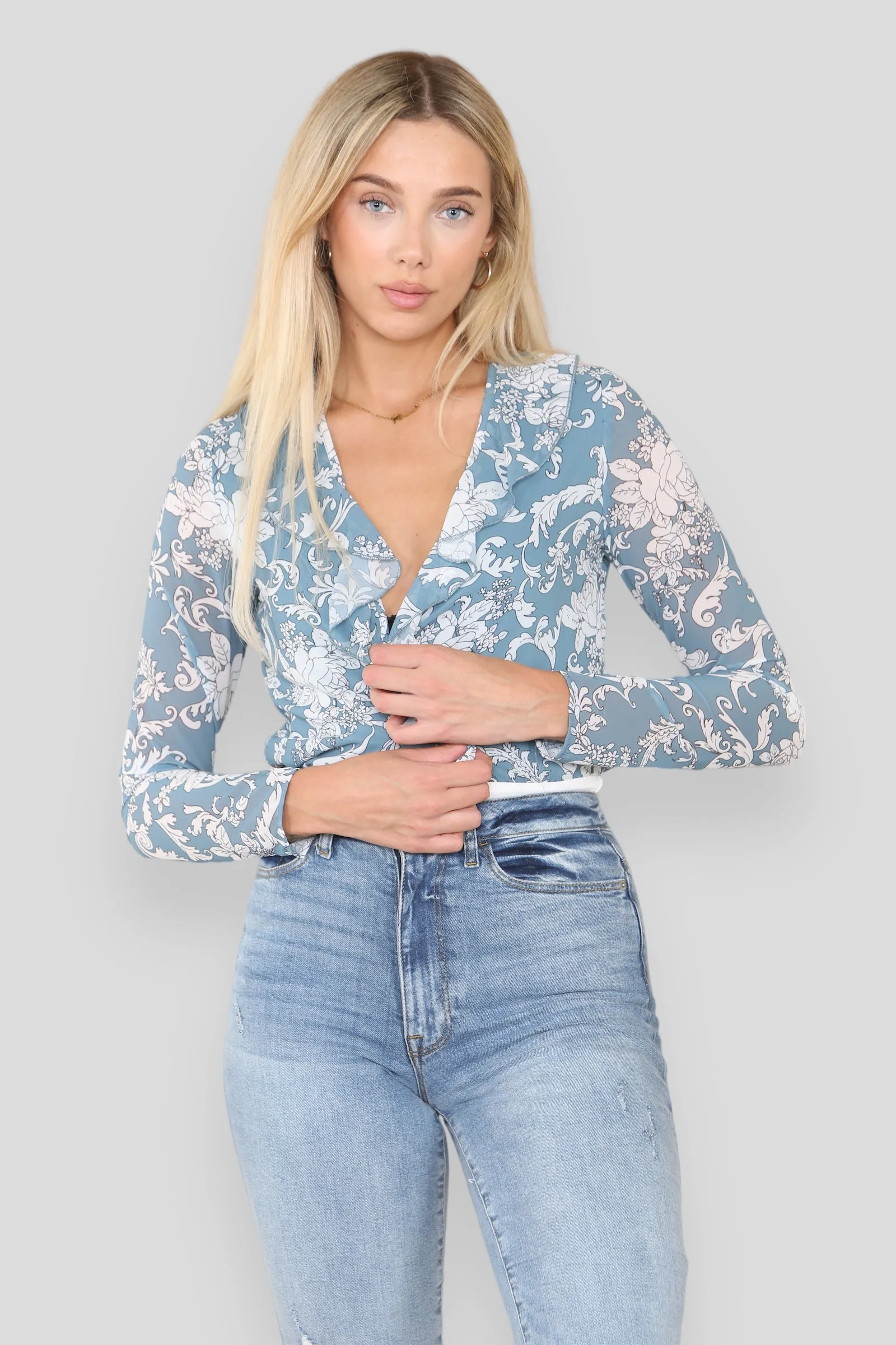 Women's Floral Wrap Bodysuit with Ruffle Plunge Neck and Slim Fit Sleeves - Elegant Leotard Top Blouse for Party, Home, Office, Vacation, Cocktail, Club