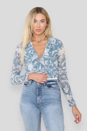 Women's Floral Wrap Bodysuit with Ruffle Plunge Neck and Slim Fit Sleeves - Elegant Leotard Top Blouse for Party, Home, Office, Vacation, Cocktail, Club