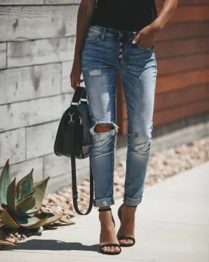 Women's Retro Light-colored Stretch Cowboy Ripped Mid-high Waist Jeans