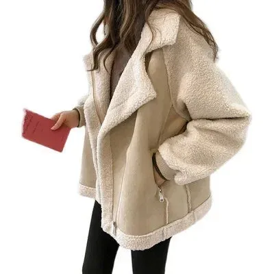 Women's Winter Aviator Biker Jacket – Chic Faux Fur Collar Lamb Wool Coat, 2022 Fashion Motorcycle Outerwear